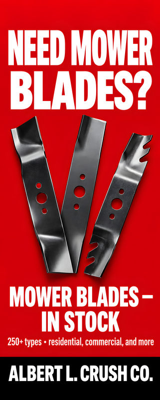 Red poster: Need mower blades? Three steel mower blades. Mower blades, in stock. 250+ types, residential, commercial, and more.